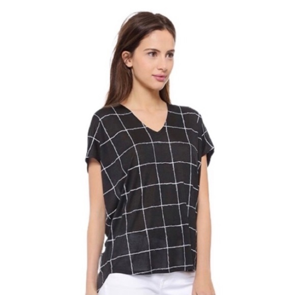 VINCE Black White Window Pane Pullover V Neck Tunic Blouse Short Sleeve Top S - Picture 3 of 8